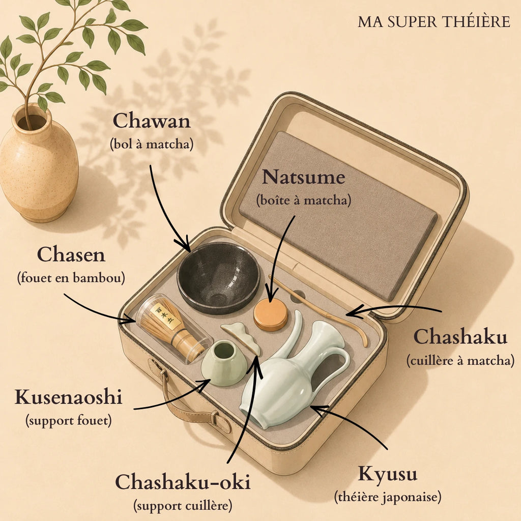 Infographie des composants du set matcha Chado dans son coffret de voyage : chawan (bol), natsume (boite a matcha), chasen (fouet bambou), chashaku (cuillere), kusenaoshi (support fouet), chashaku-oki (support cuillere) et kyusu (theiere japonaise)