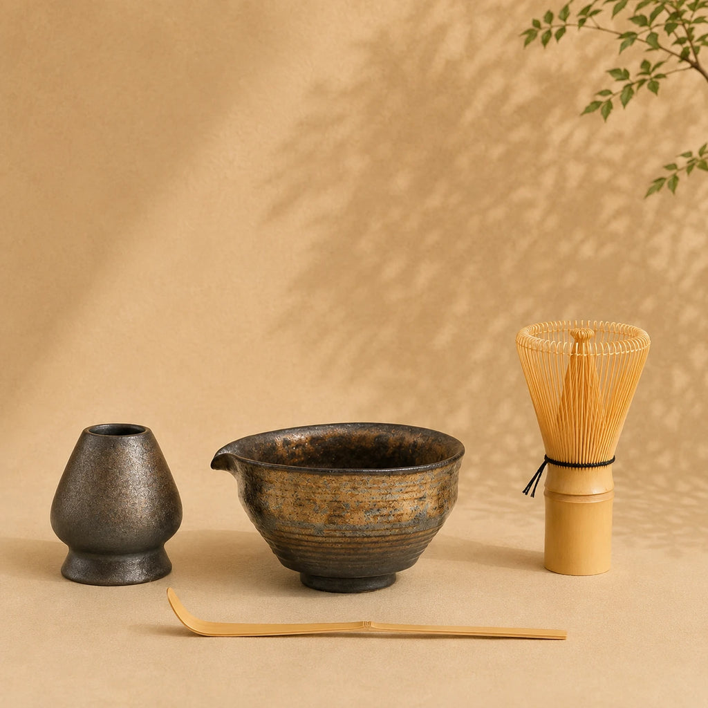 Set matcha Enso coloris or patine - bol verseur brun dore avec support assorti sur fond beige