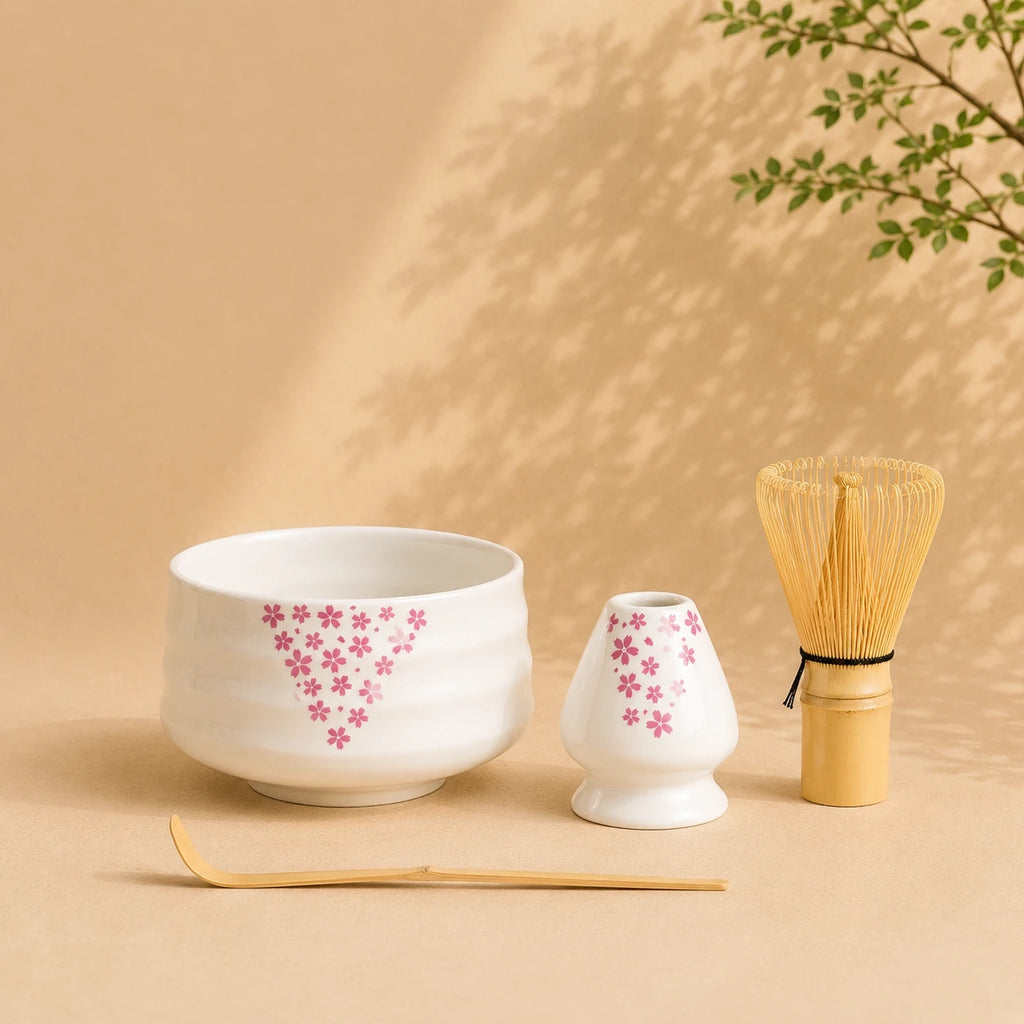 Set matcha Rokuro coloris rose sakura - bol aux stries de tour avec motifs rose tendre et support assorti sur fond beige