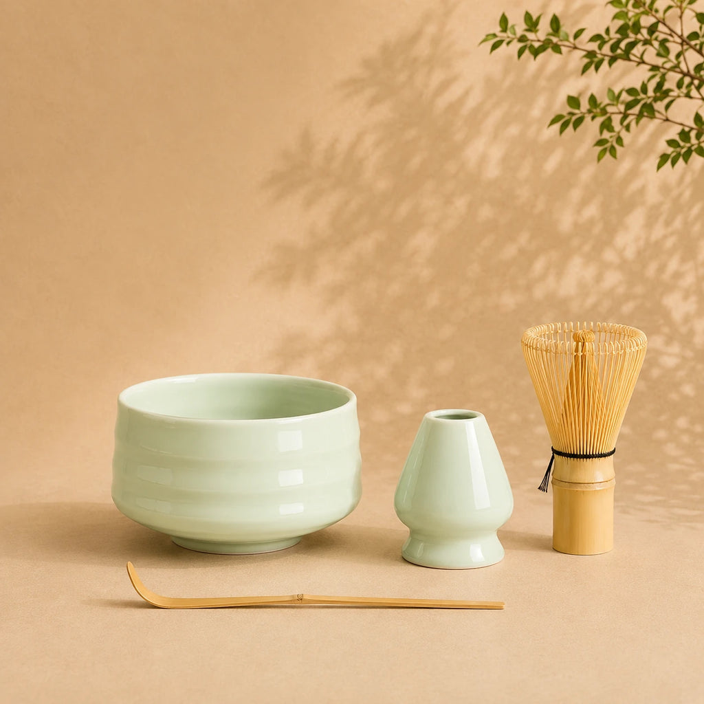 Set matcha Rokuro coloris vert pistache strié - bol vert clair aux stries de tour avec support assorti sur fond beige
