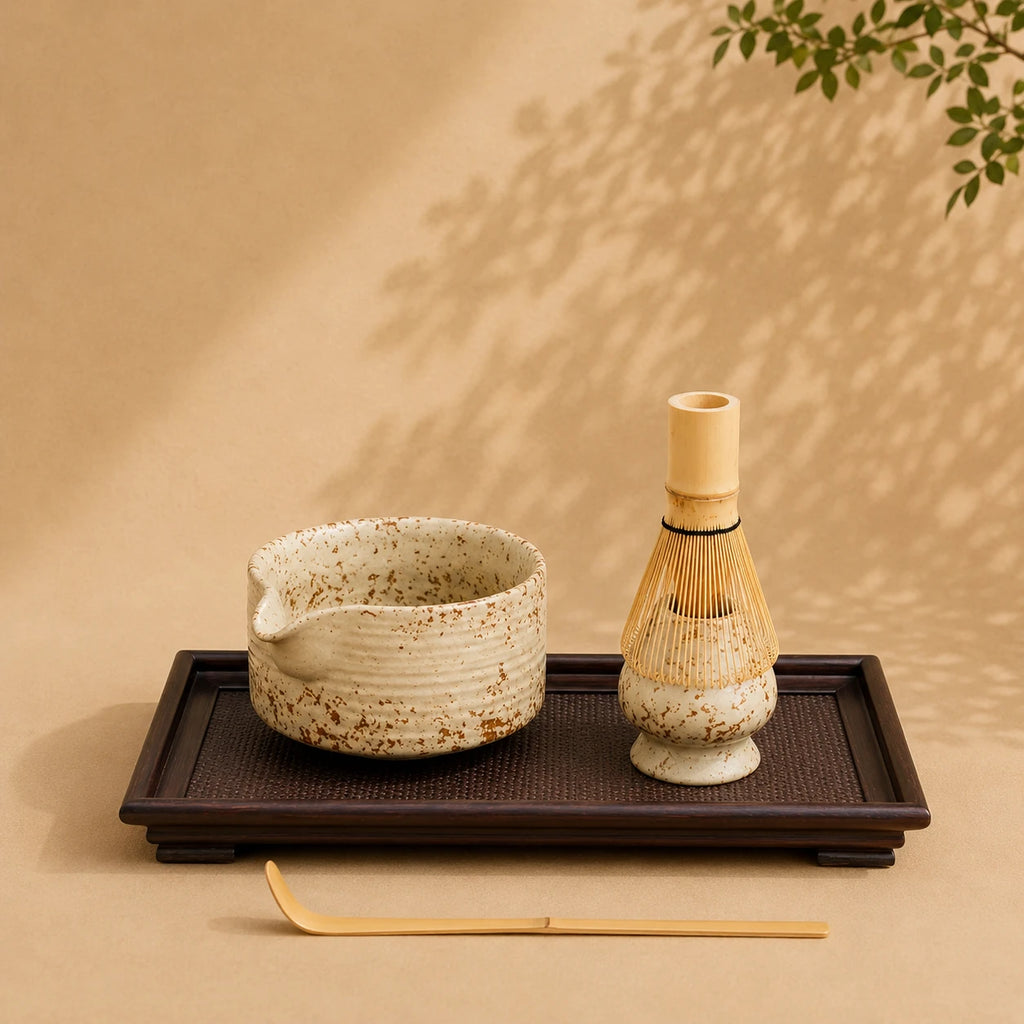 Set matcha Kaze coloris creme mouchete - bol verseur creme mouchete avec support et chasen sur plateau bois fonce sur fond beige