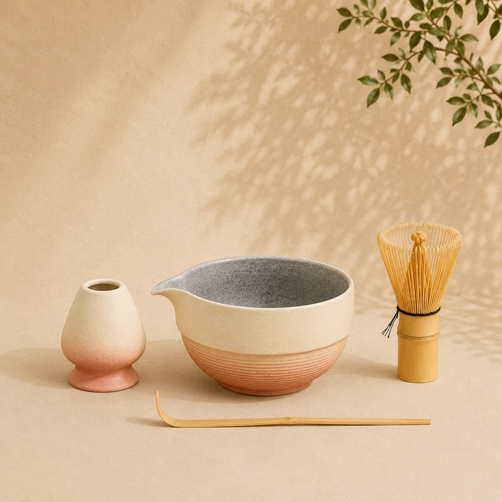 Set matcha Shizuku rose bicolore - bol bicolore rose et grès brut strié avec bec verseur et support sur fond beige